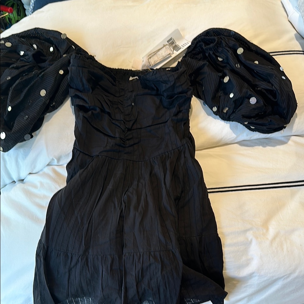 Sundress sequin Chic Black Off-Shoulder Dress with puff sequin sleeves